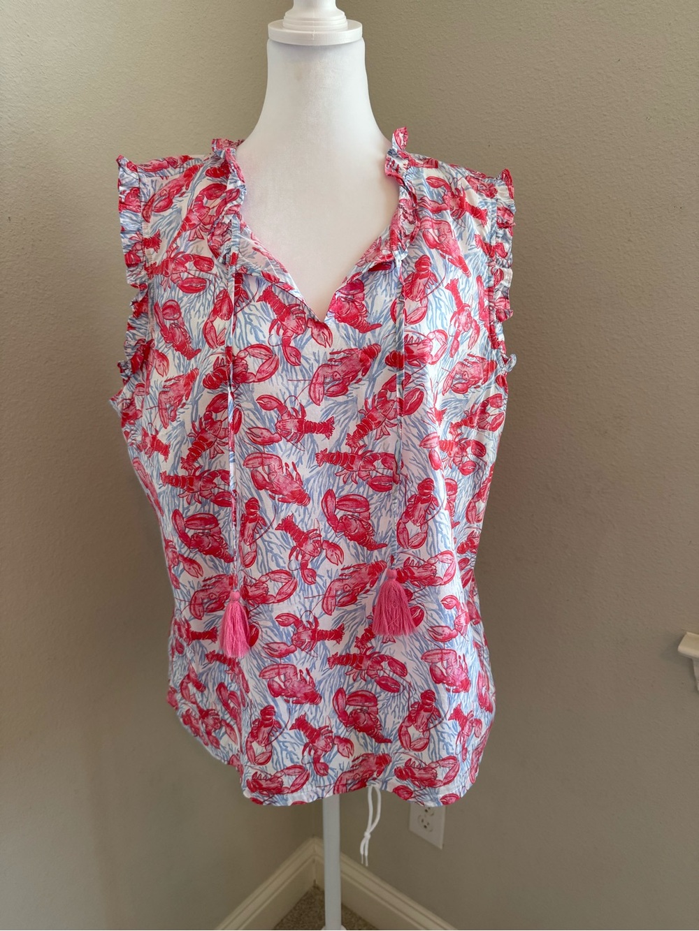 Pink & Blue Lobster-Print Ruffle Tie-Neck Sleeveless Blouse Top from Talbots